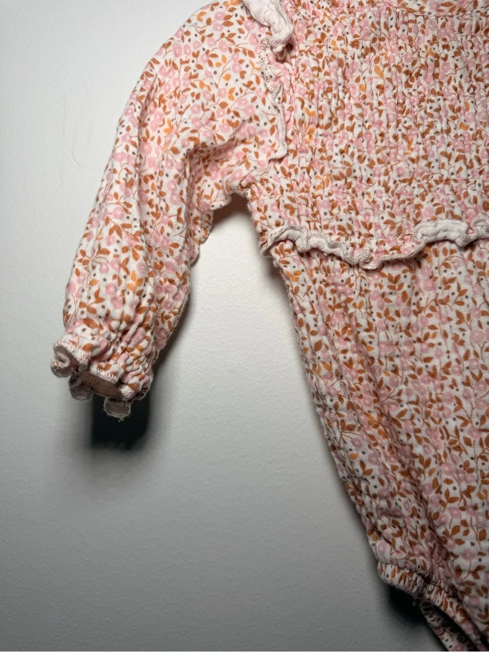 Rabbit bear long sleeve onesie floral pink floral ruffled shoulders